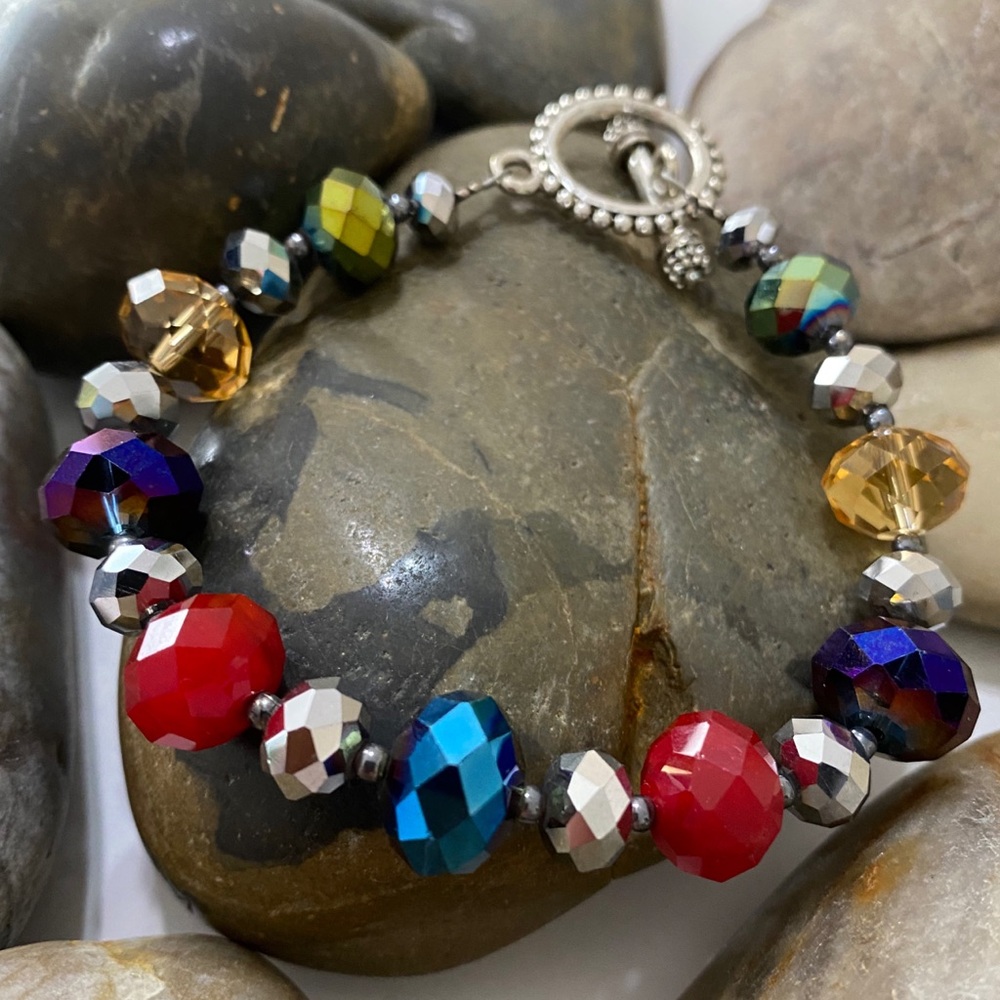 Handmade Rainbow Mardi Gras  Swarovski crystal Sterling Bracelet